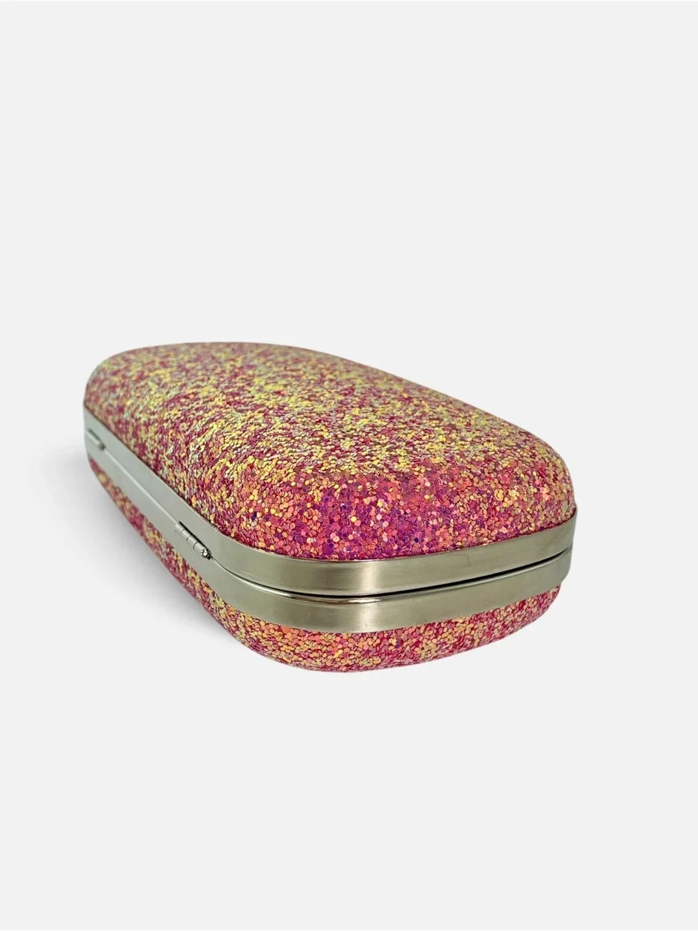 Pink Glitter Ring-Clasp Evening Clutch with Chain